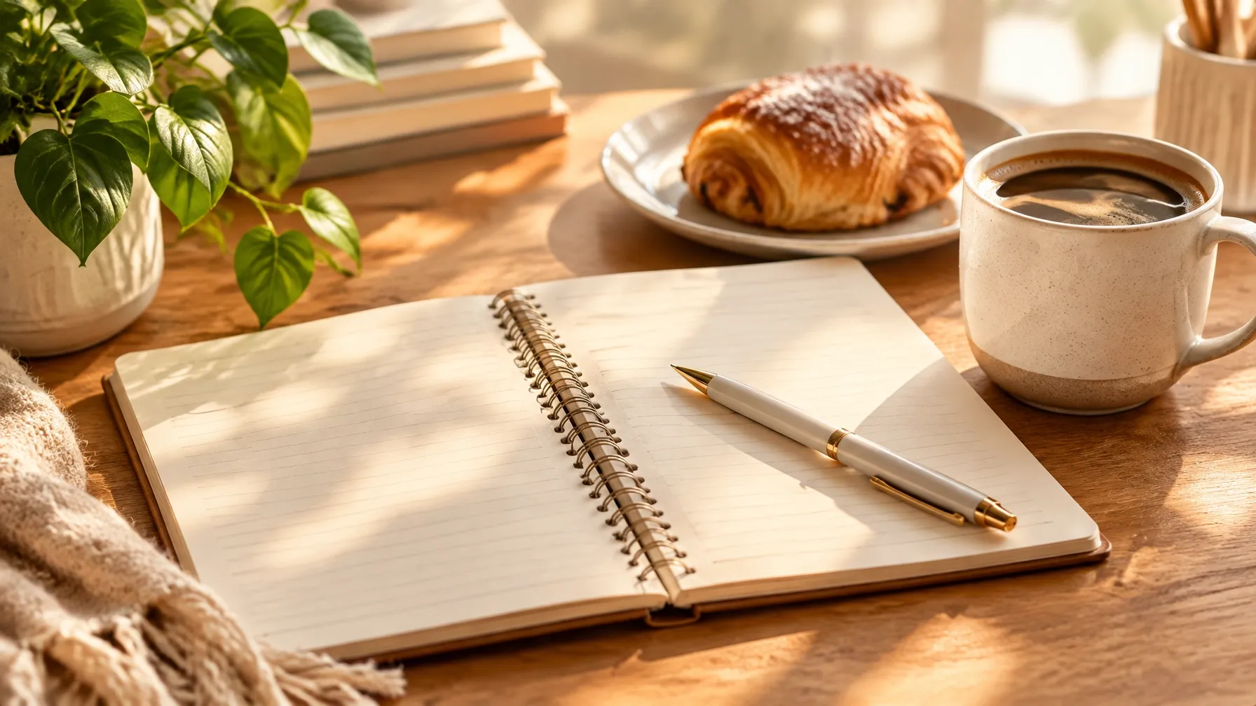 An open notebook and coffee on a desk before a coaching session