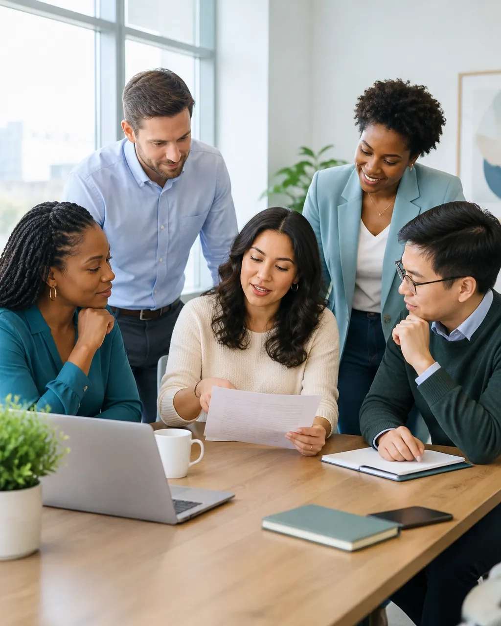 A diverse group of HR and business professionals collaborating around a table, representing Wordsmith’s trusted professional network